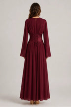 Iris Gathered Waist Flare Sleeve Maxi Dress-Wine