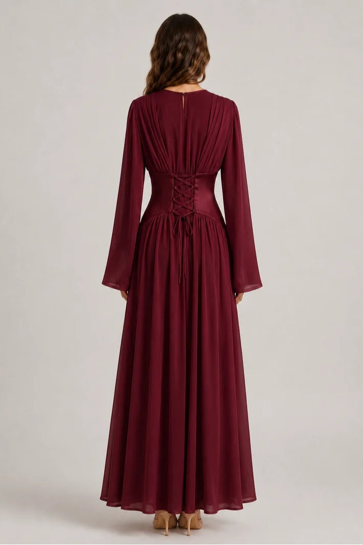 Iris Gathered Waist Flare Sleeve Maxi Dress-Wine