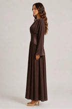 Iris Gathered Waist Flare Sleeve Maxi Dress-Coffee