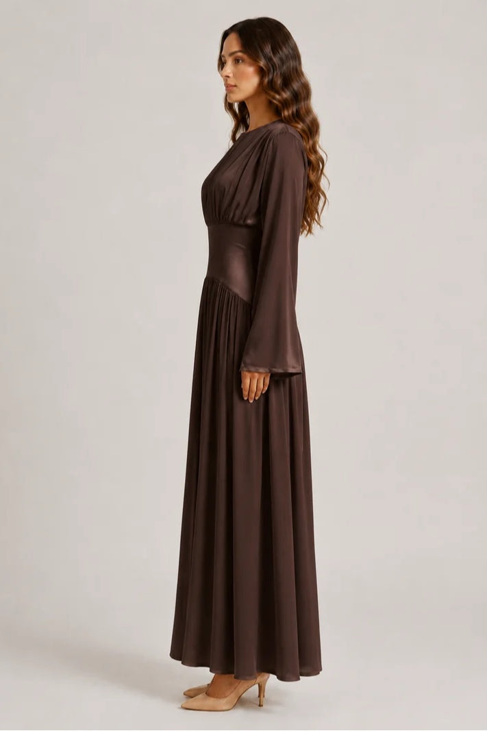 Iris Gathered Waist Flare Sleeve Maxi Dress-Coffee