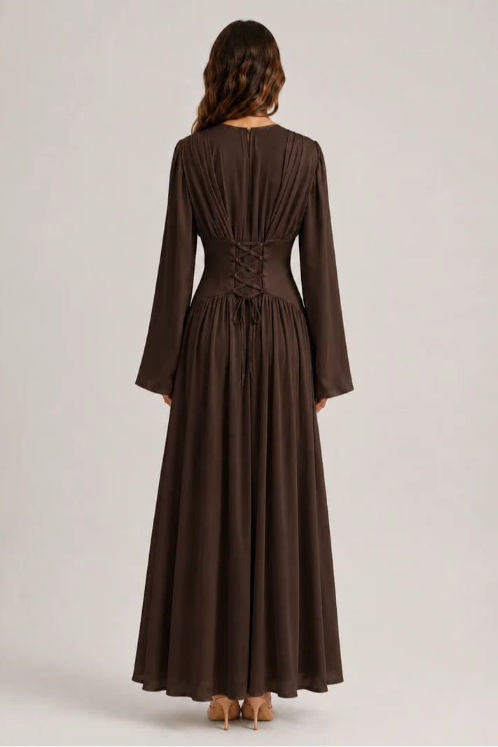 Iris Gathered Waist Flare Sleeve Maxi Dress-Coffee