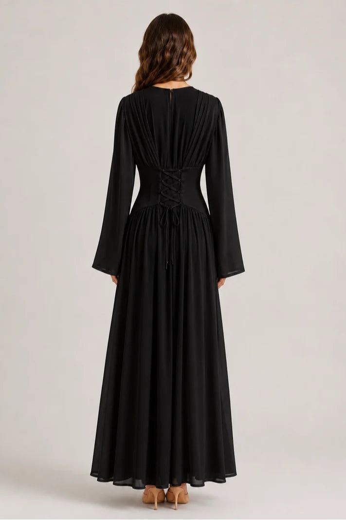 Iris Gathered Waist Flare Sleeve Maxi Dress-Black