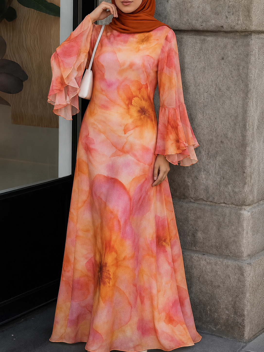 Yara Watercolor Ruffle Flare Maxi Dress-Orange