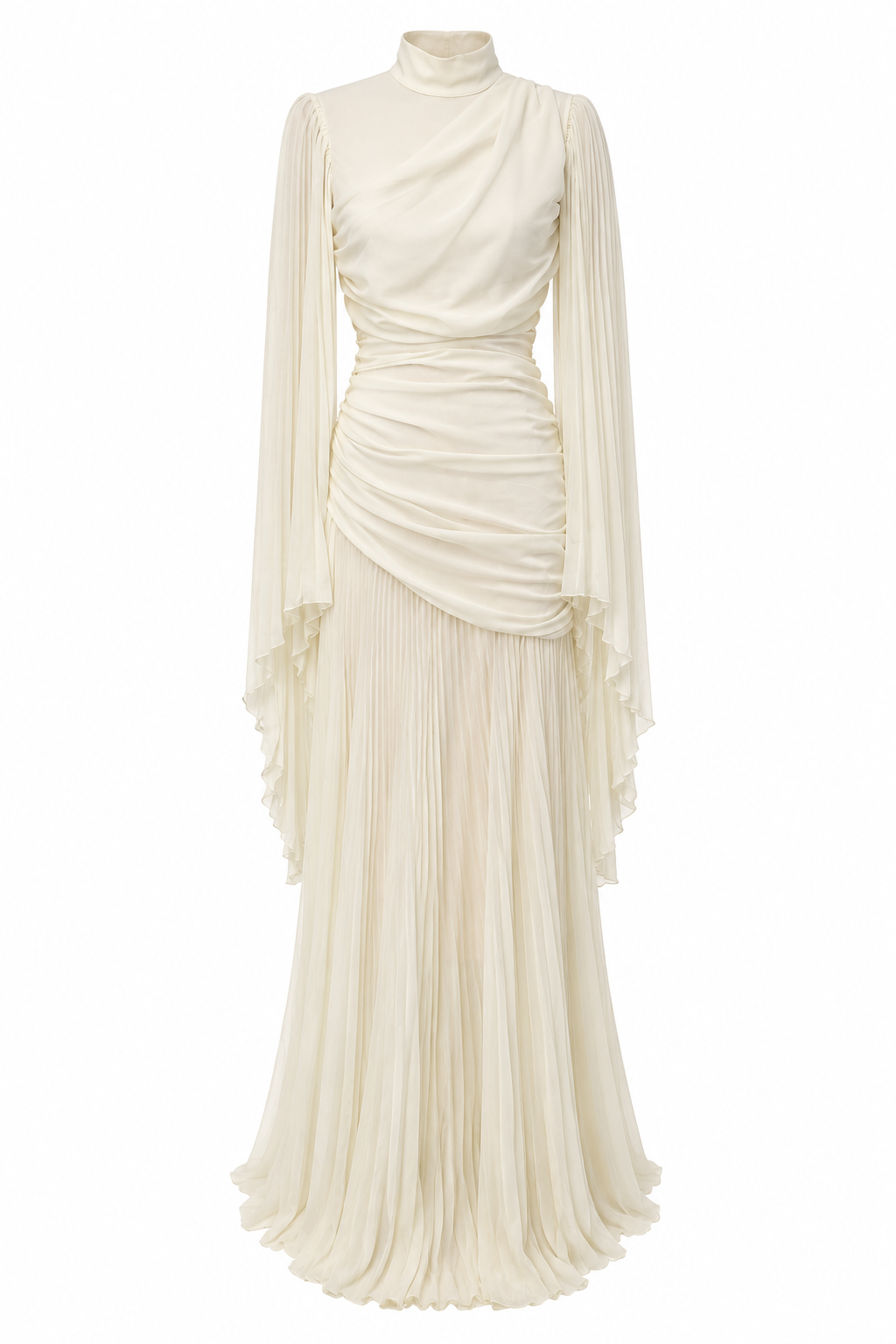 Elara High Neck Ruched Pleated Maxi-White