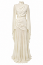 Elara High Neck Ruched Pleated Maxi-White