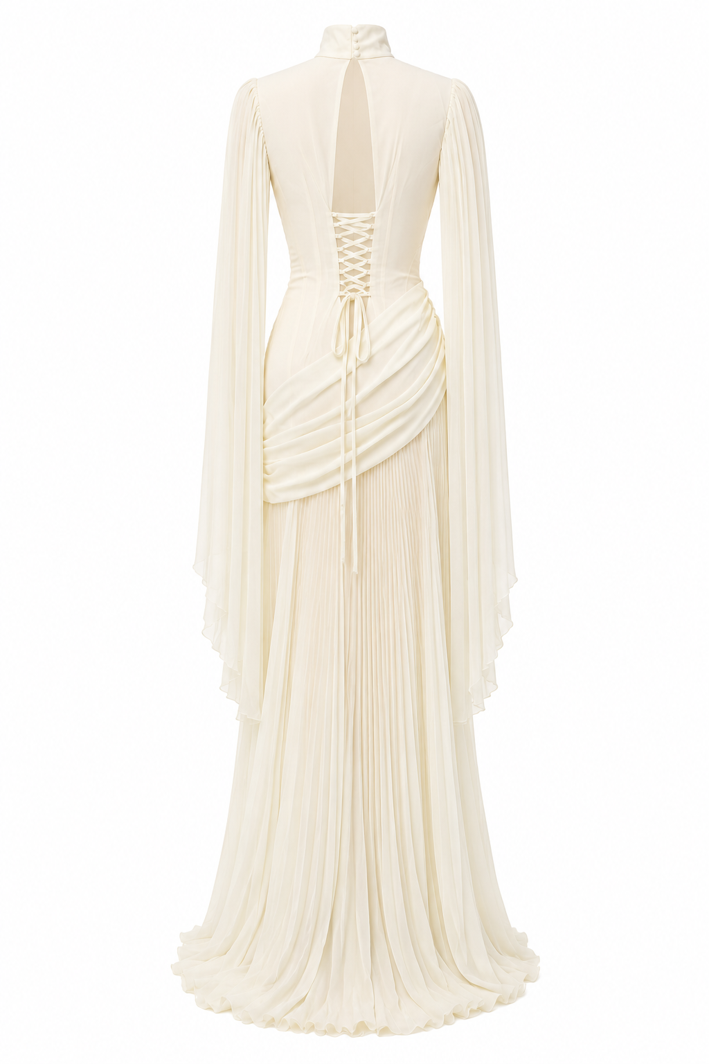 Elara High Neck Ruched Pleated Maxi-White