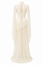Elara High Neck Ruched Pleated Maxi-White