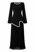 Emily Rhinestone Pleated Maxi Dress-Black