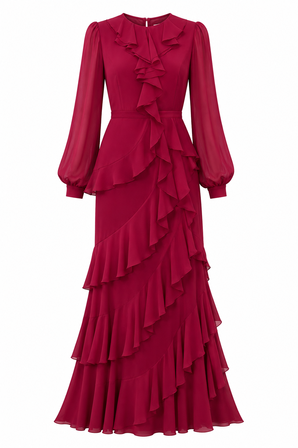 Elegant Ruffled Tiered Maxi Gown-Red