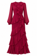 Elegant Ruffled Tiered Maxi Gown-Red