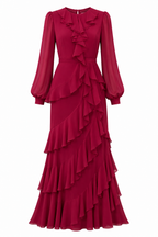 Elegant Ruffled Tiered Maxi Gown-Red