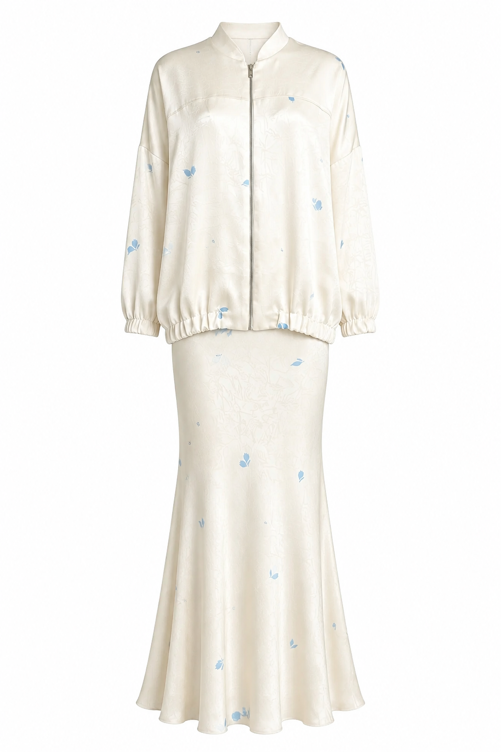 Floral Print Satin Zip-Front Tunic & Maxi Skirt Set
