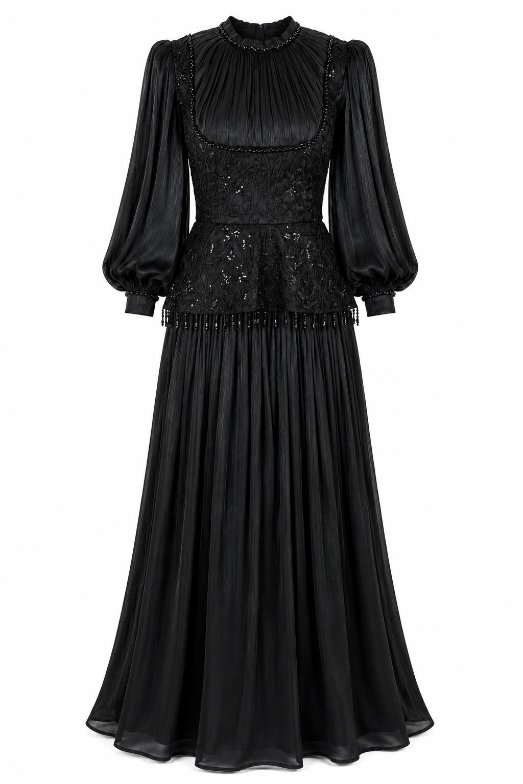 Lace Peplum Pleated Maxi Dress-Black