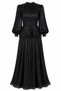 Lace Peplum Pleated Maxi Dress-Black