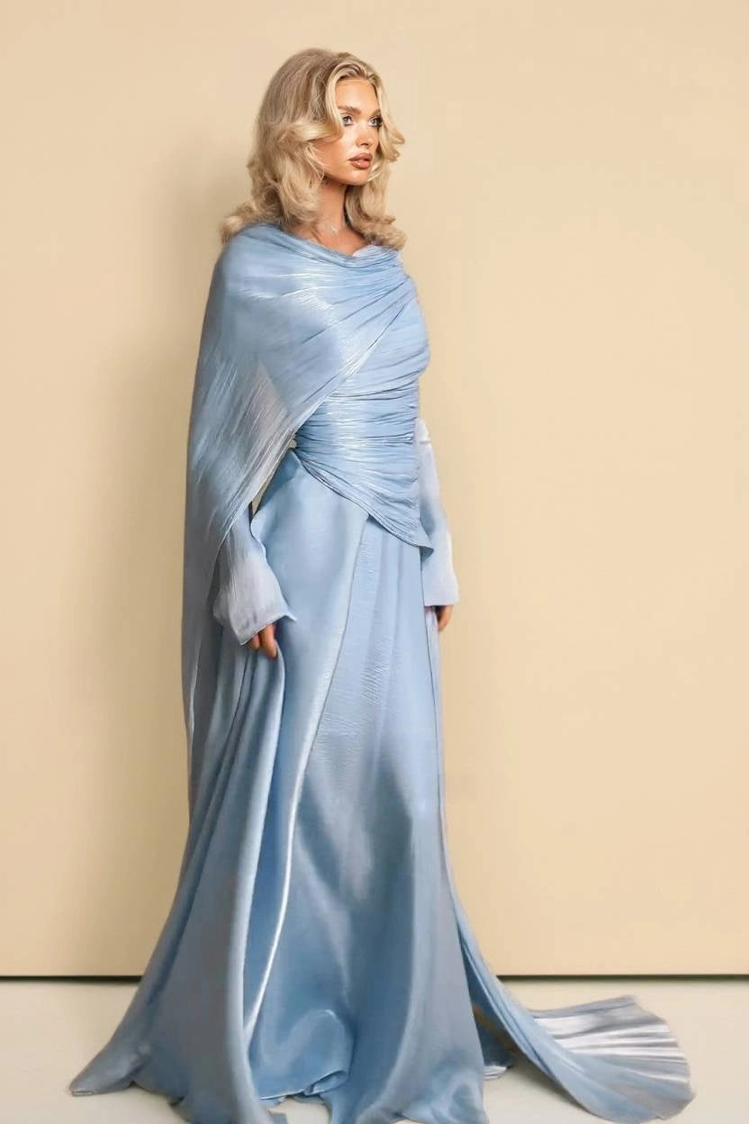 Elena Draped Cape Ruched Waist Maxi Dress