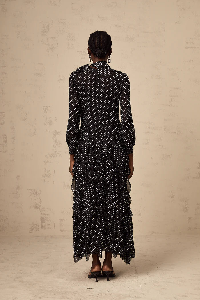 Polka Dot Mock-Neck Midi Dress-Black