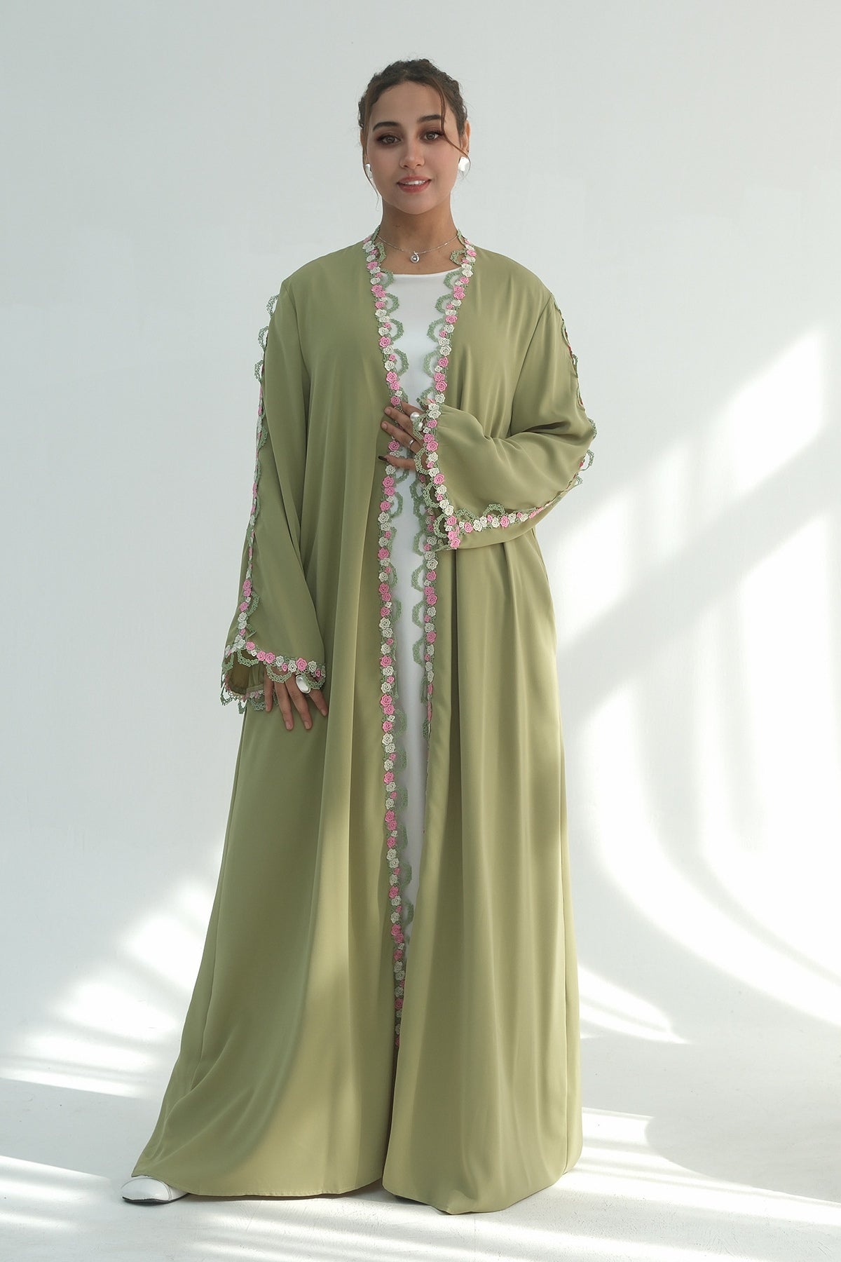 Aisha Floral Lace Trim Open Abaya