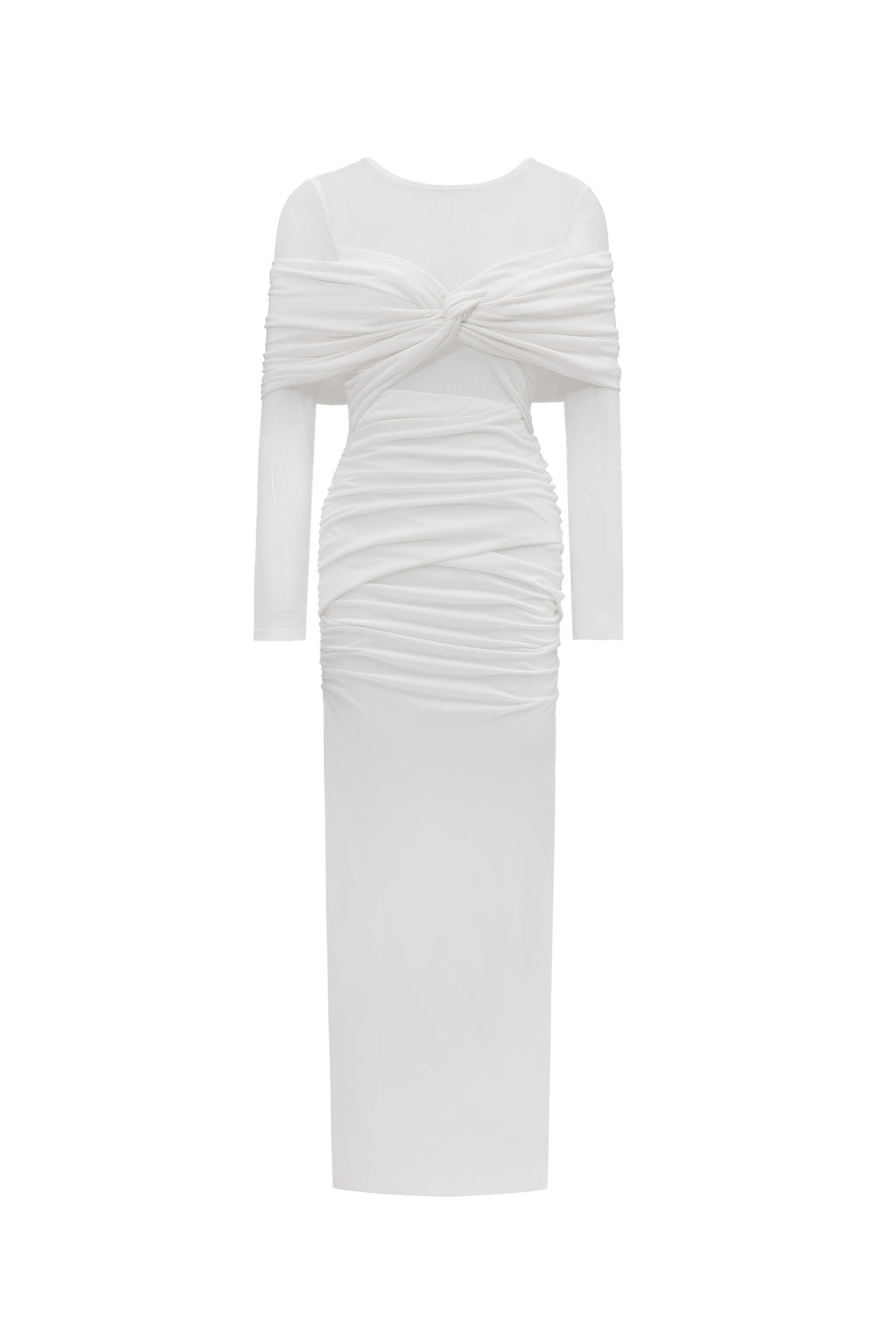 Ingrid Elegant Contour Ruched Mesh Layered Knit Maxi Dress	