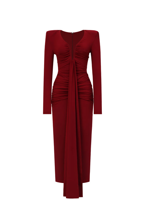 Dixie Sexy Contour Long Sleeve Deep V Ruched Knit Maxi Dress	