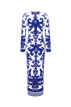 Round Neck Long Sleeve Jacquard Bandage Maxi Dress	