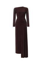 Skyler Elegant Contour Long Sleeve Ruched High Slit Knit Brown Maxi Dress	