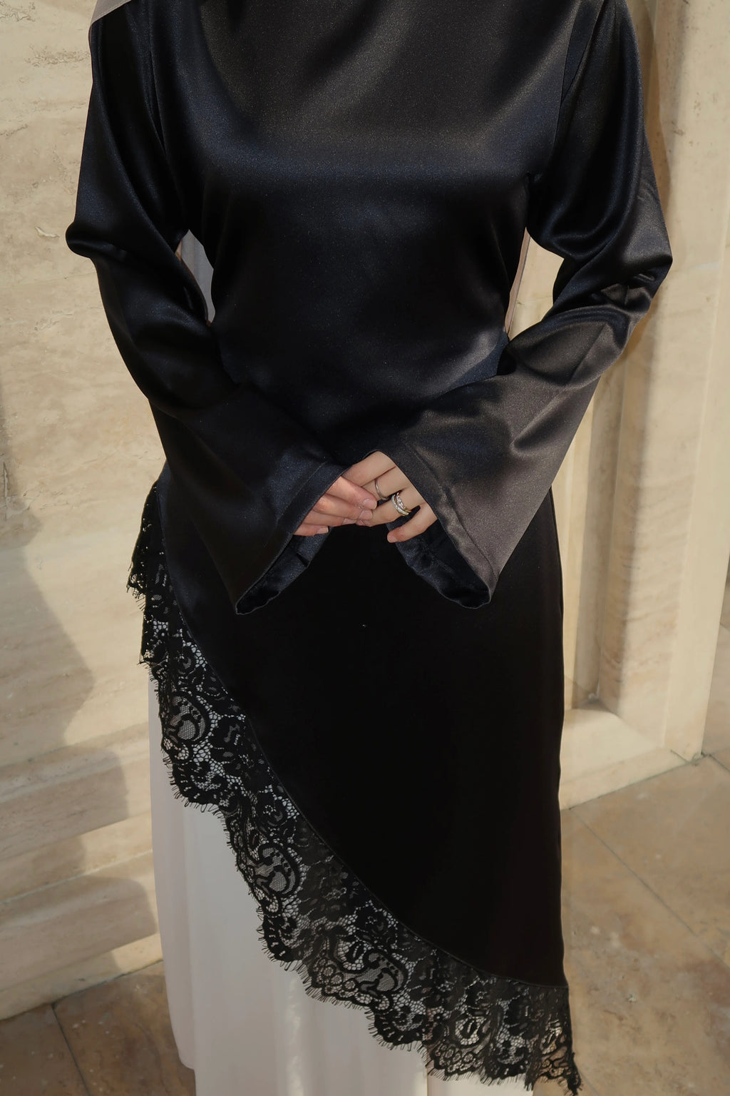Lace-Trimmed Asymmetric Satin Modest Tunic-Black