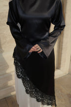 Lace-Trimmed Asymmetric Satin Modest Tunic-Black