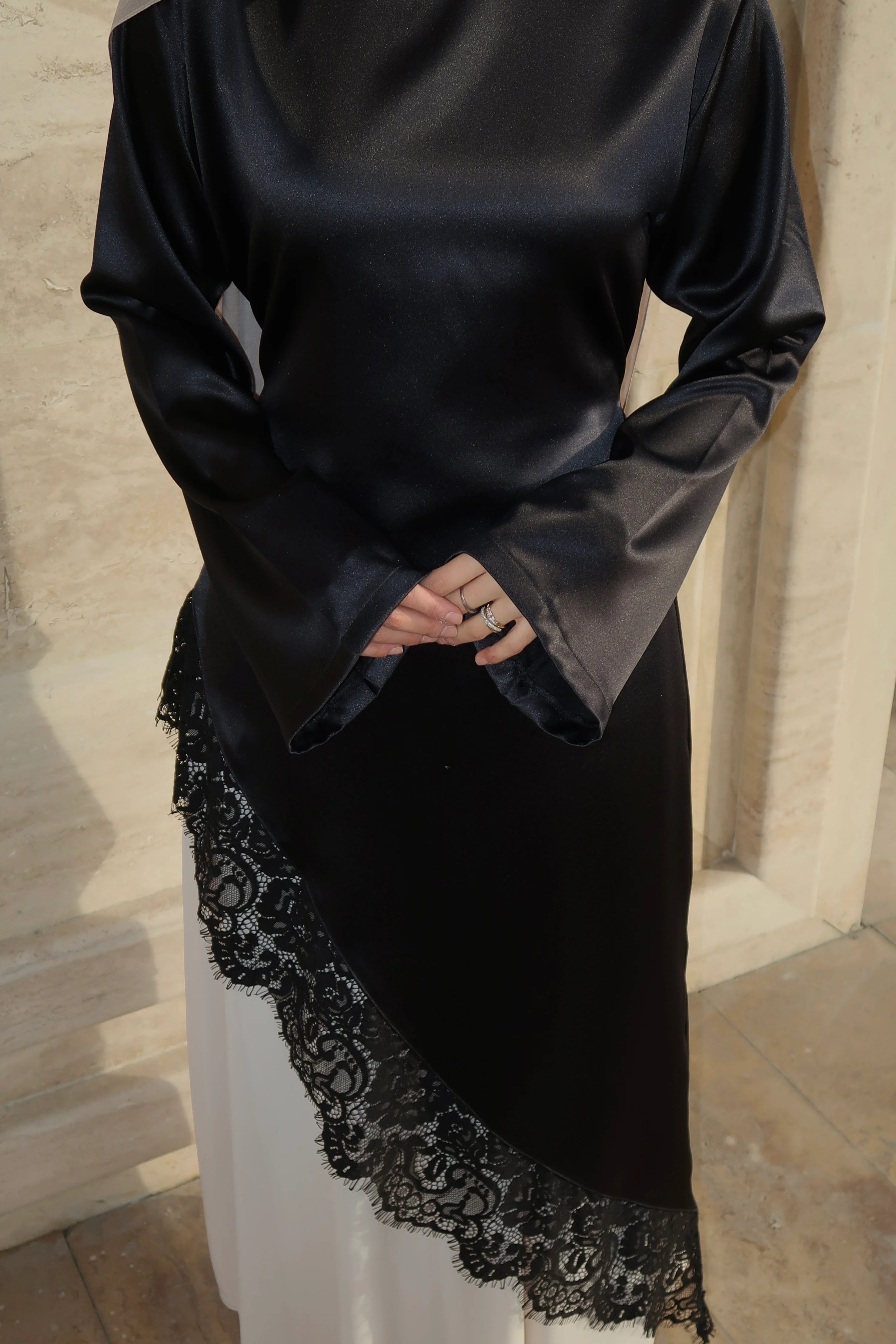 Lace-Trimmed Asymmetric Satin Modest Tunic-Black