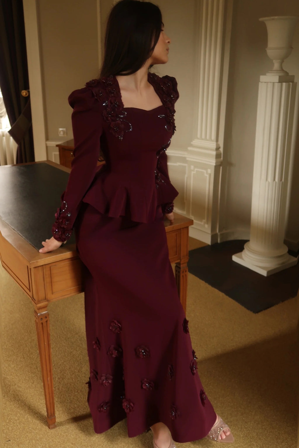 Hana 3D Floral Peplum Two Piece Suit-Wine