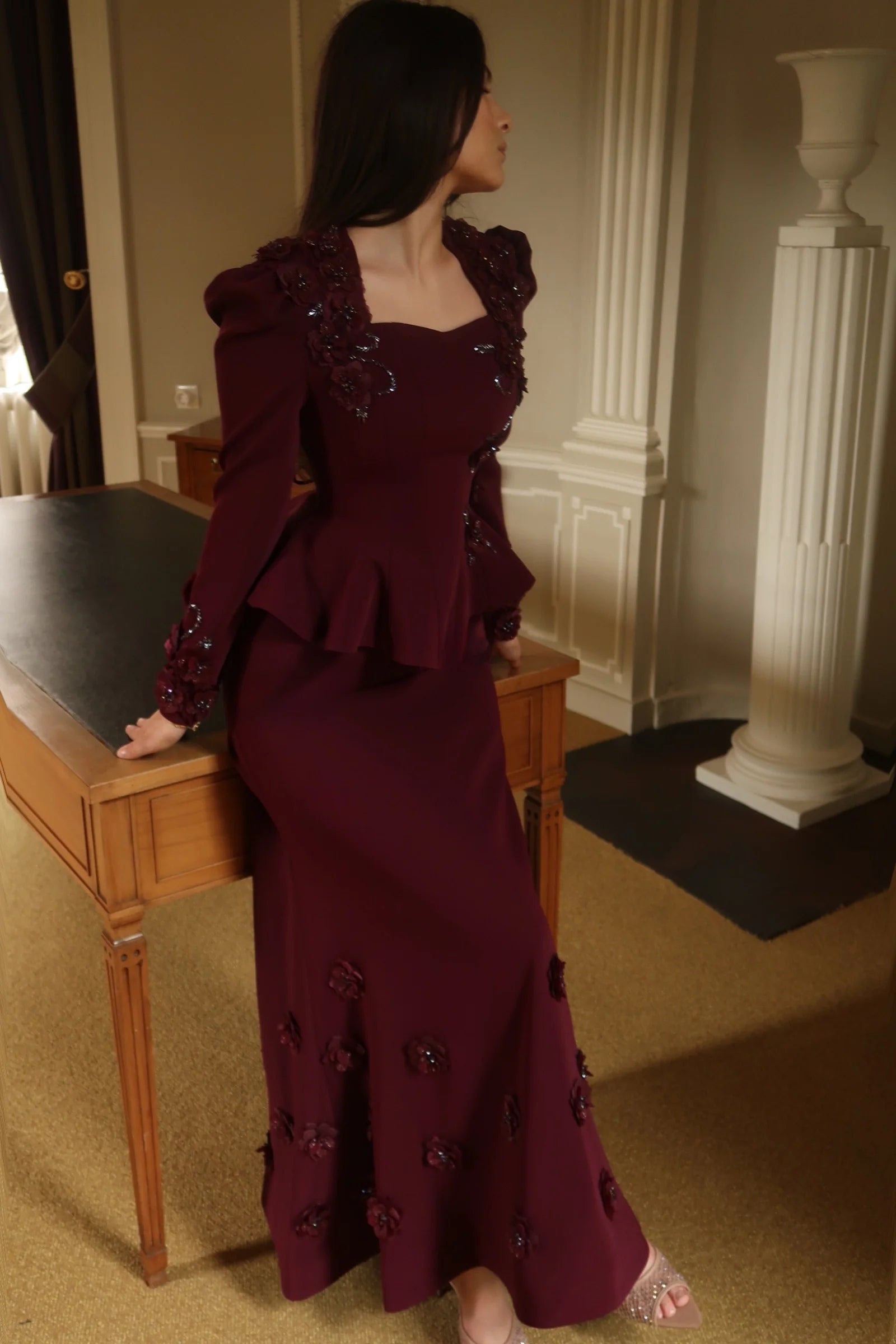 Hana 3D Floral Peplum Two Piece Suit-Wine