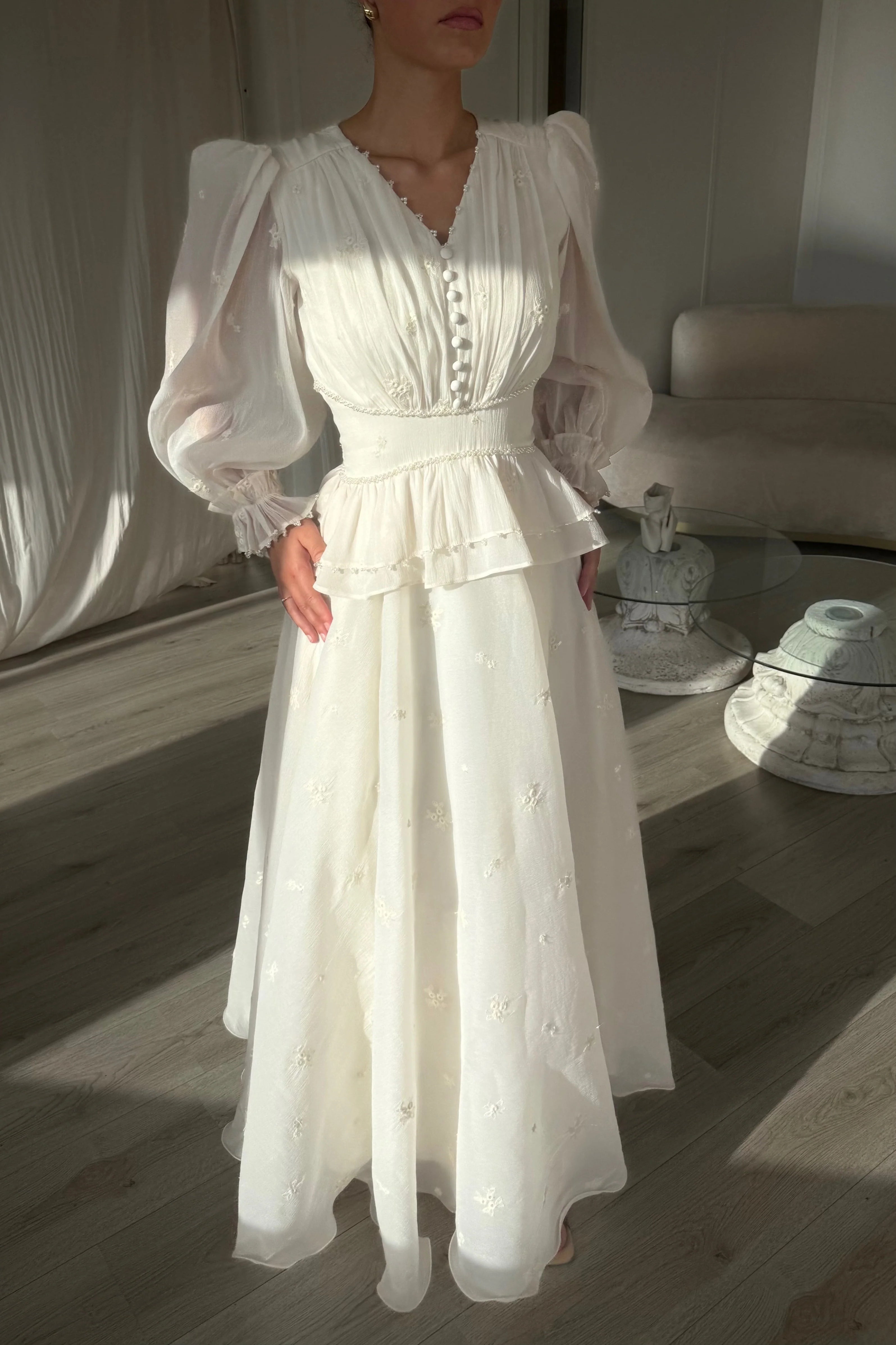 Isabella V-Neck Embroidered Peplum Maxi Dress