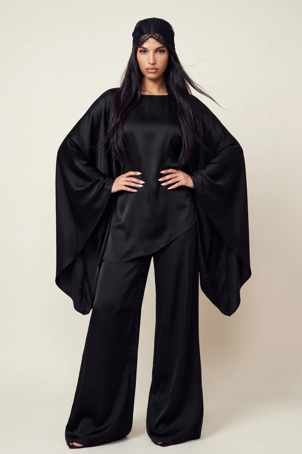 Sarah Cape Sleeve Pant Set-Black