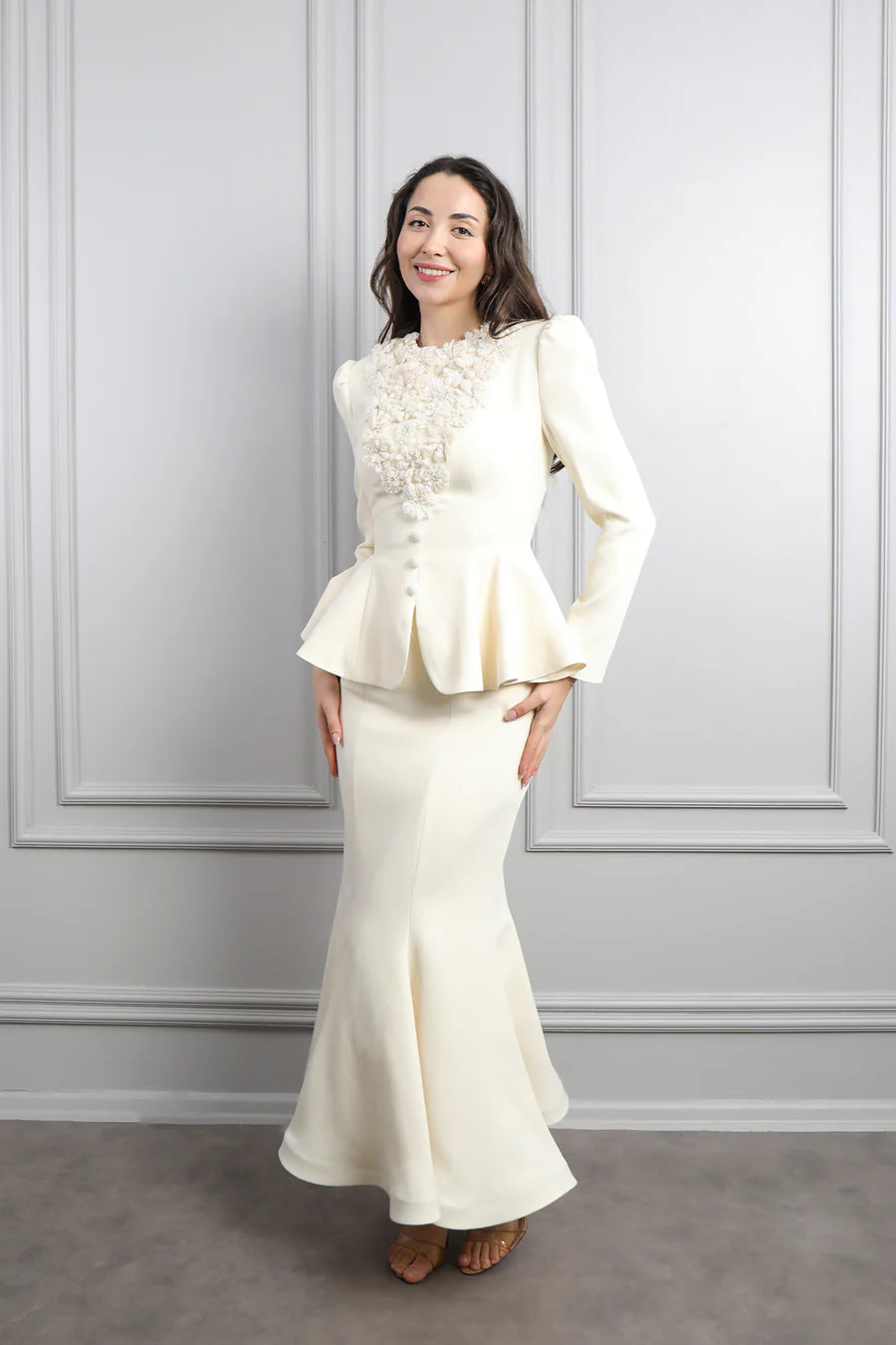 Mary Applique Peplum Skirt Set-White