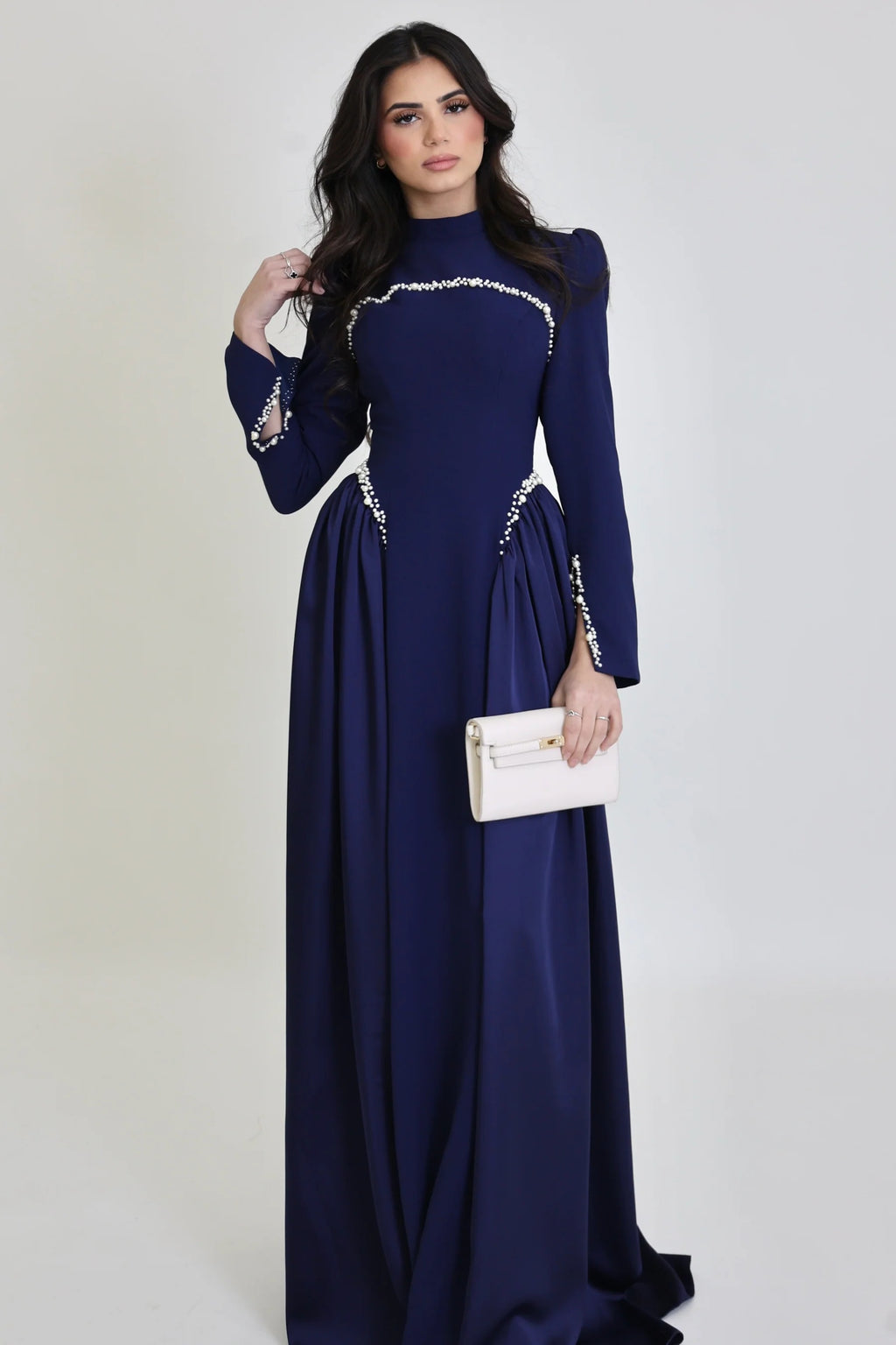 Maya Pearl Trim High Neck Gathered Maxi Dress-DarkBlue
