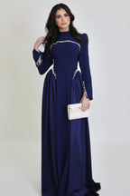 Maya Pearl Trim High Neck Gathered Maxi Dress-DarkBlue