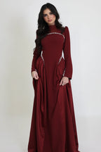 Maya Pearl Trim High Neck Gathered Maxi Dress-Red