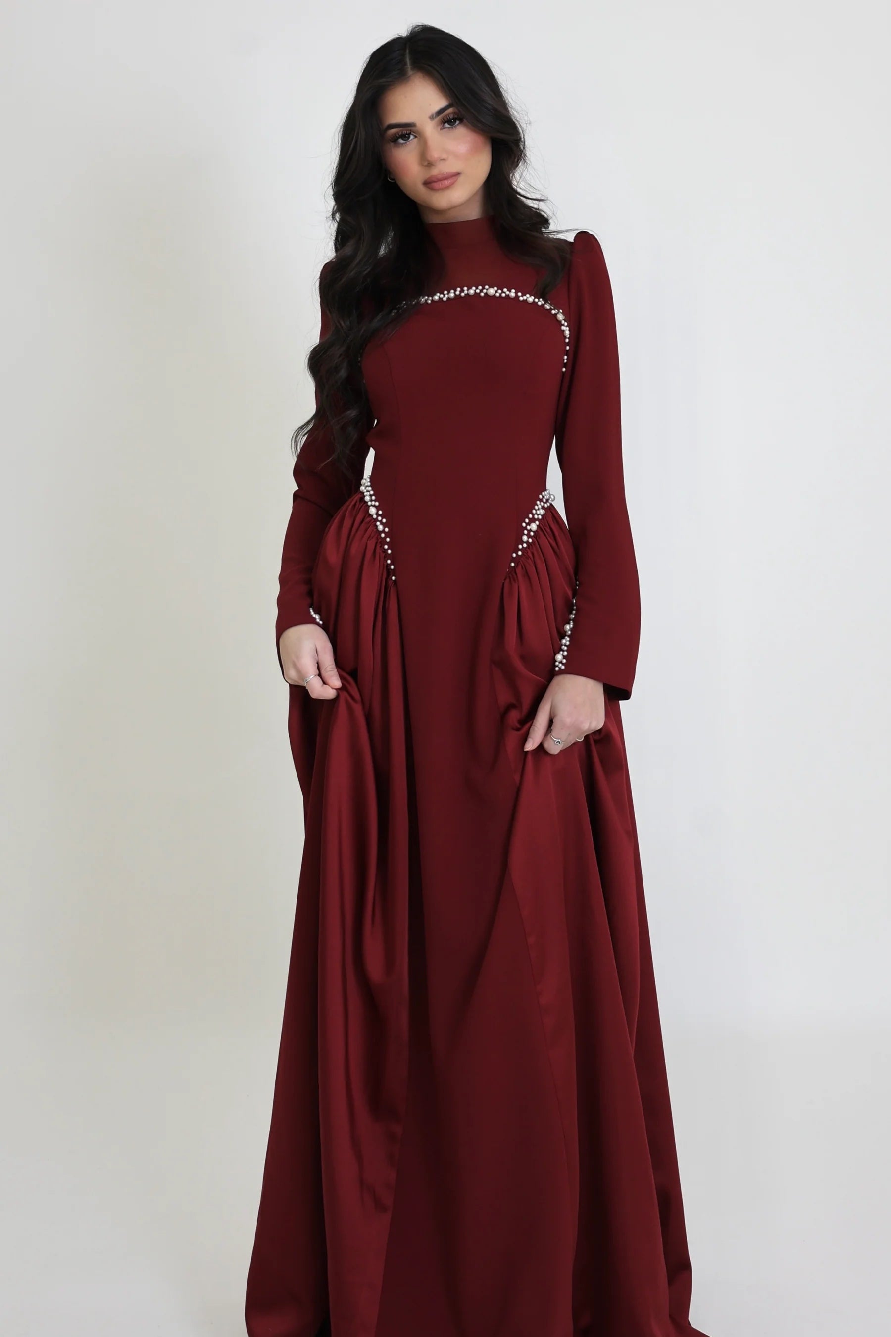 Maya Pearl Trim High Neck Gathered Maxi Dress-Red