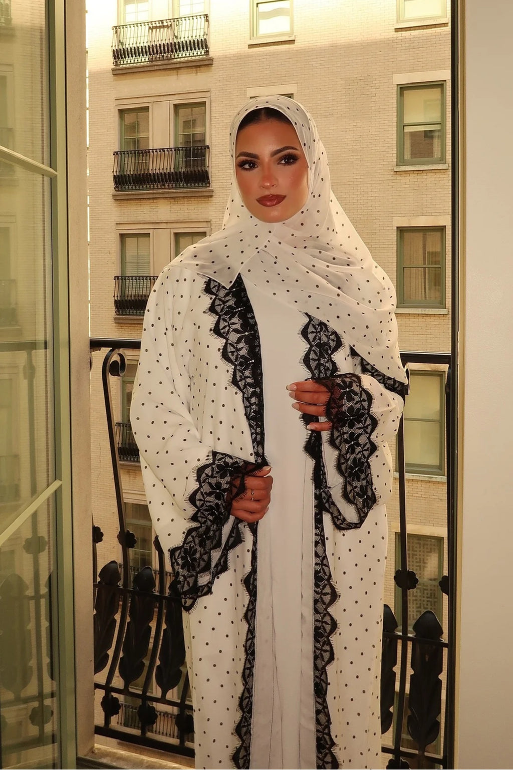 Nadia Lace‑Trimmed Polka‑Dot Abaya Set-White