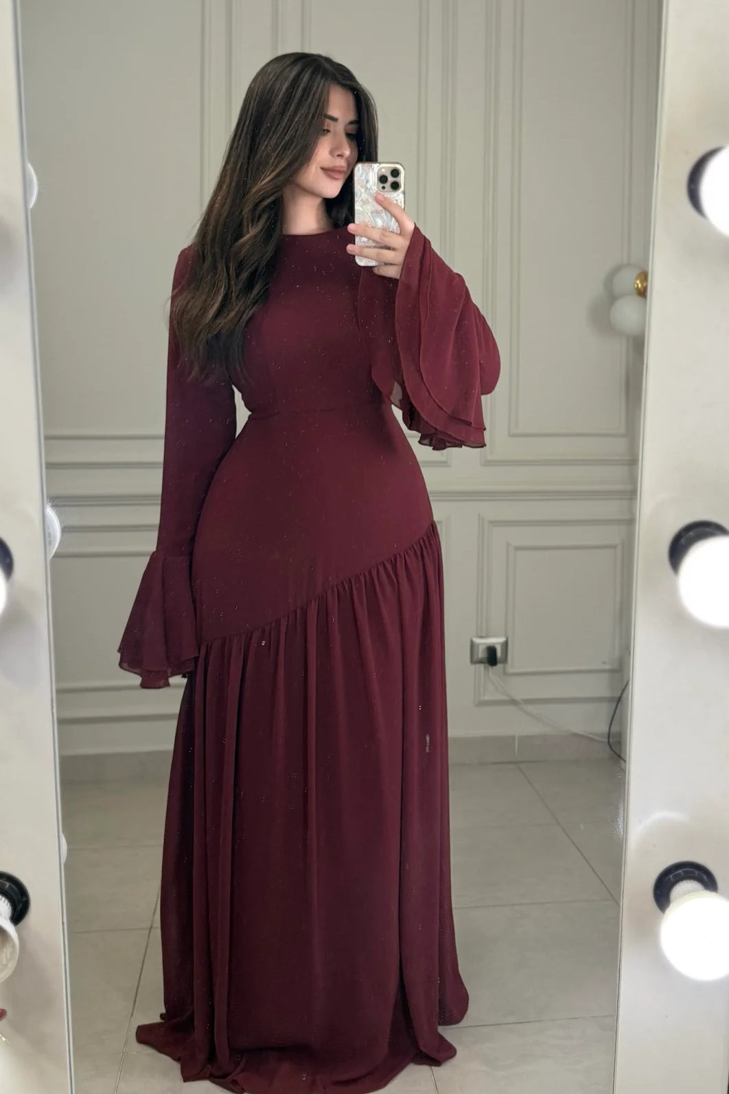 Chloe Shimmer Asymmetrical Chiffon Maxi Dress-Wine