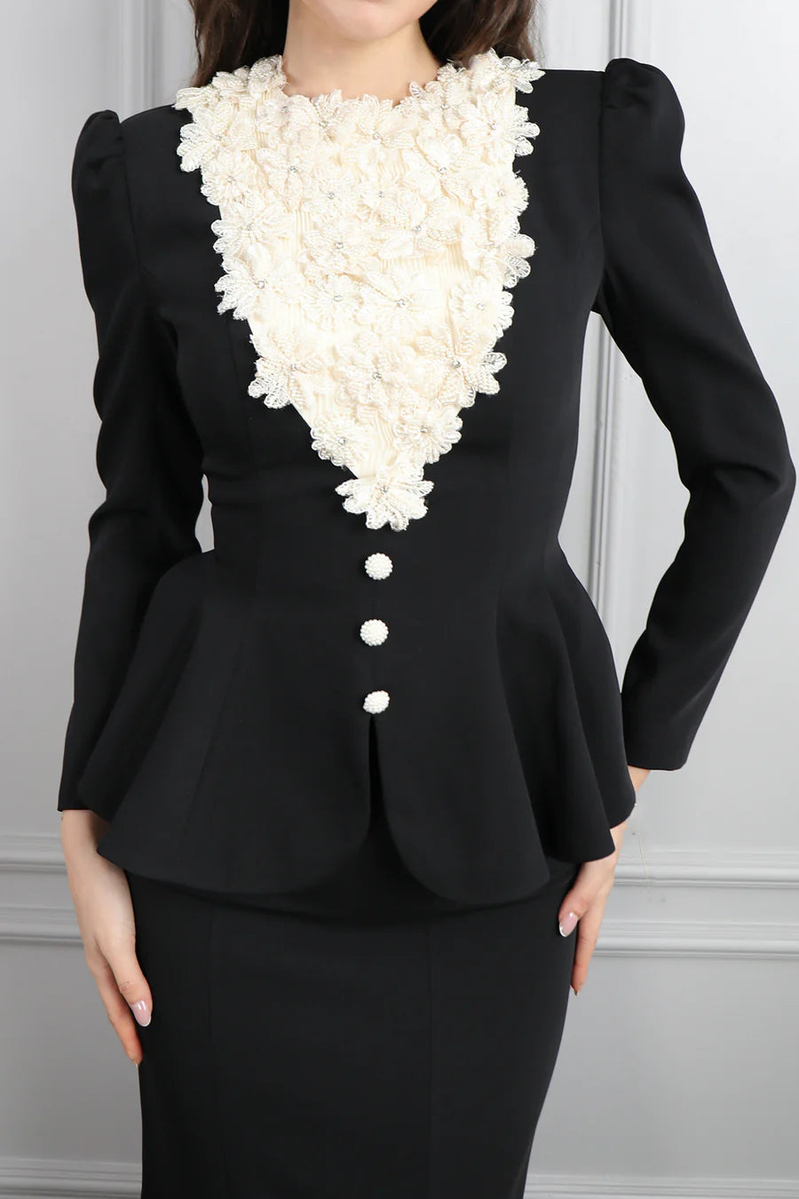 Mary Applique Peplum Skirt Set-Black