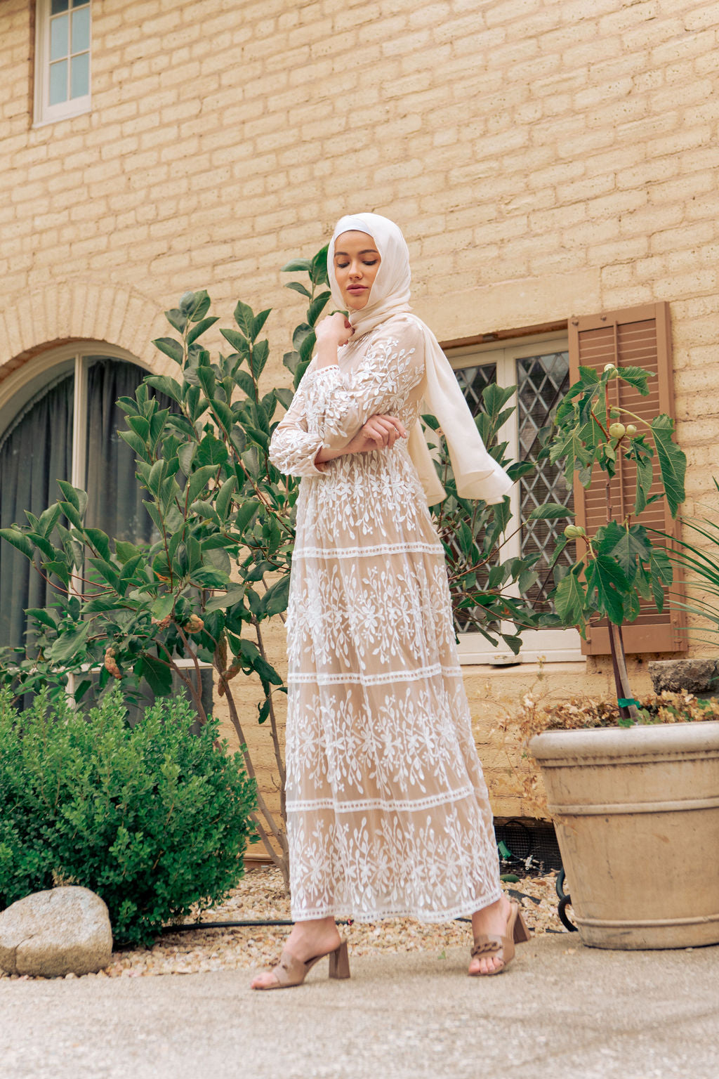 Sophisticated Botanical Lace Overlay Evening Abaya