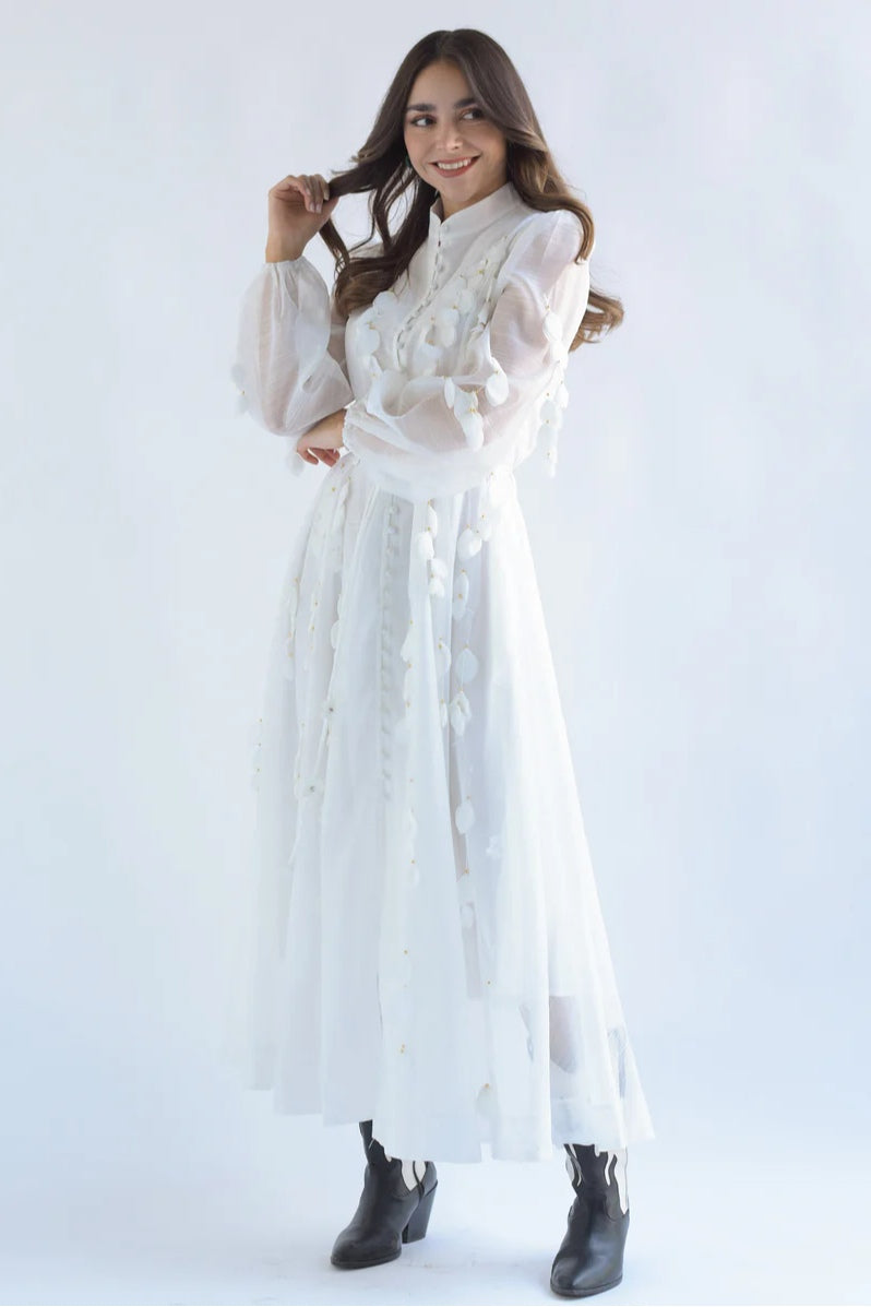 Amara Petal Applique Tie Waist Midi-White