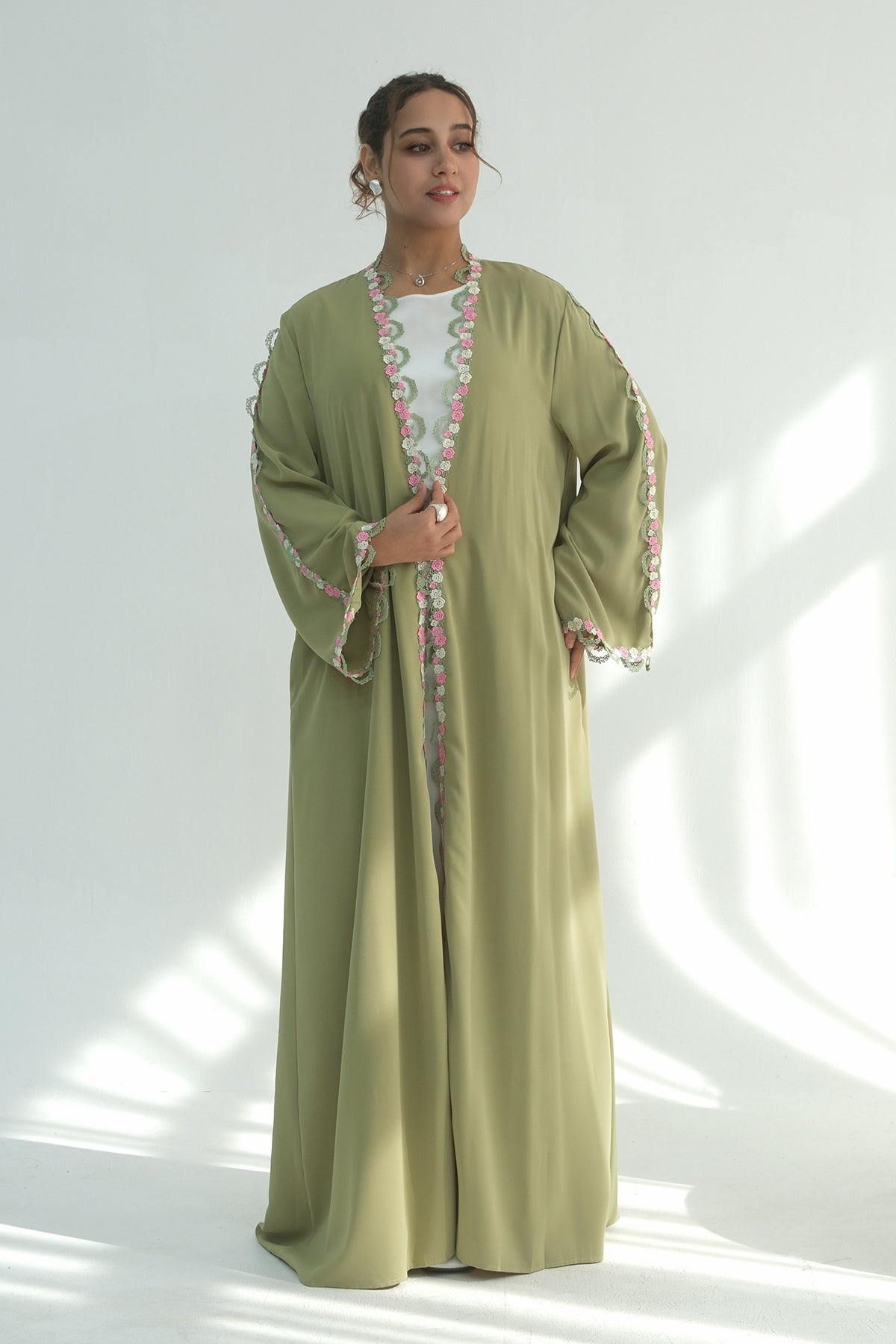 Aisha Floral Lace Trim Open Abaya