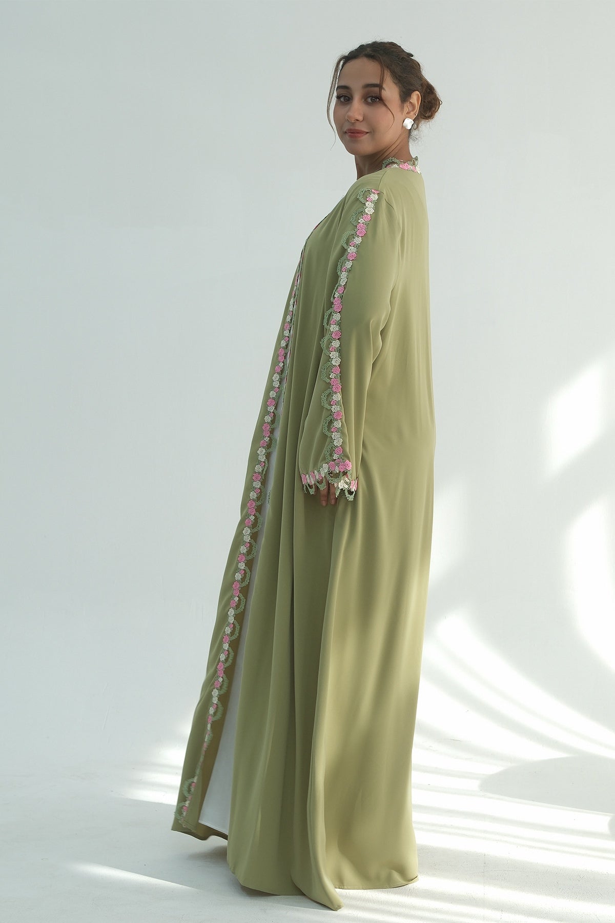 Aisha Floral Lace Trim Open Abaya