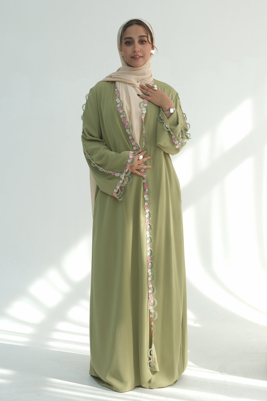 Aisha Floral Lace Trim Open Abaya