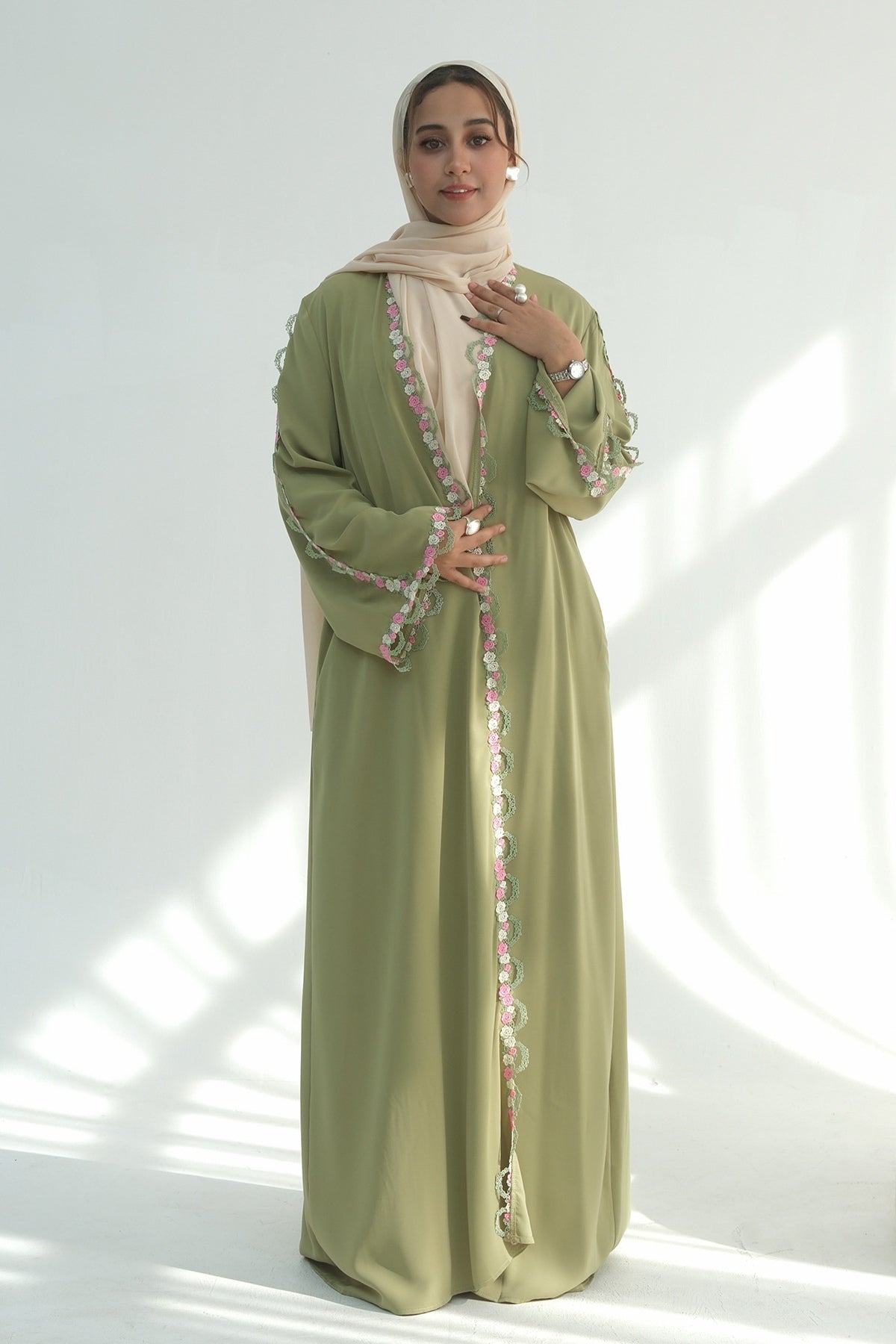 Aisha Floral Lace Trim Open Abaya
