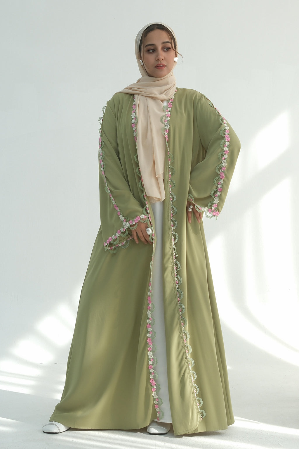Aisha Floral Lace Trim Open Abaya