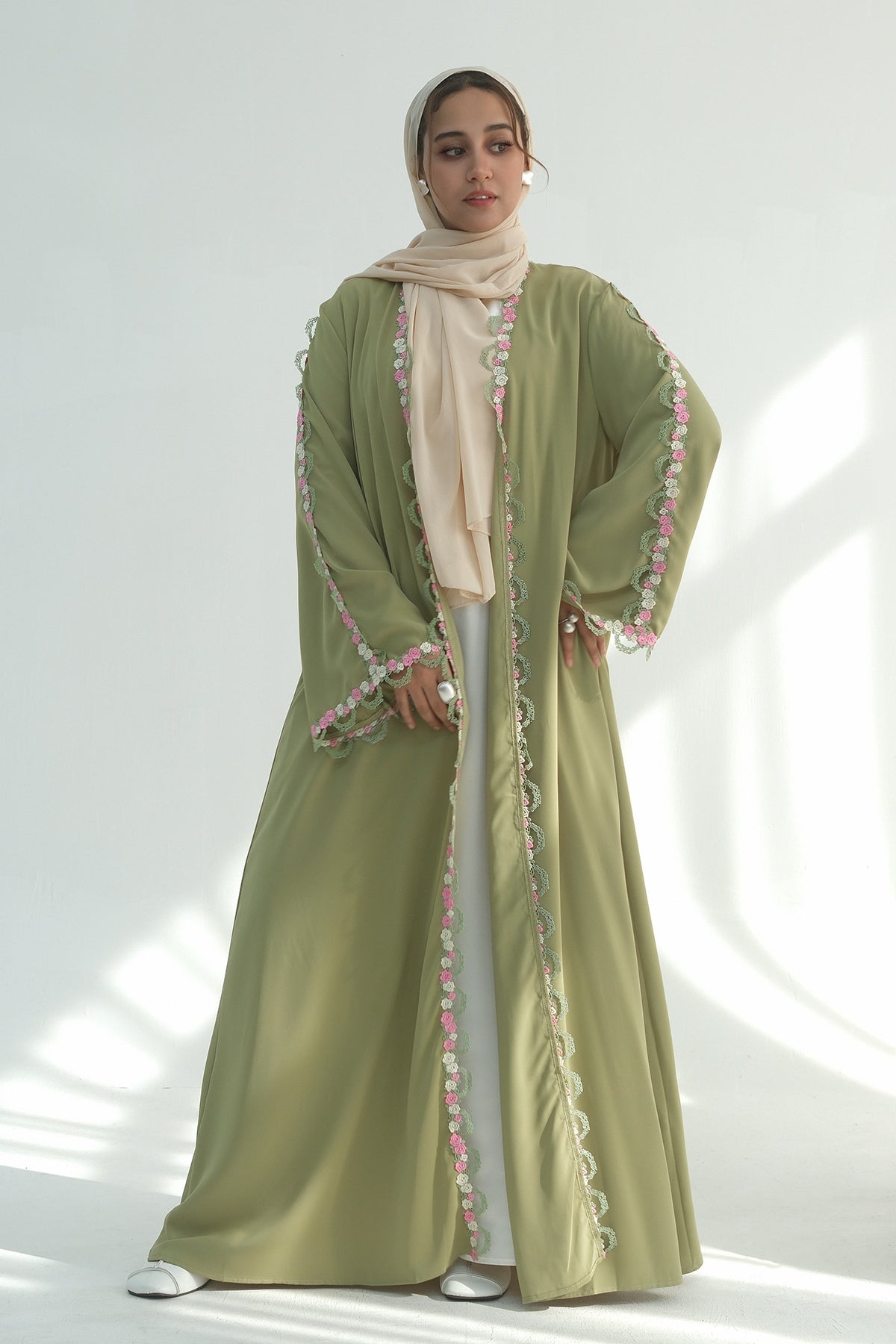 Aisha Floral Lace Trim Open Abaya