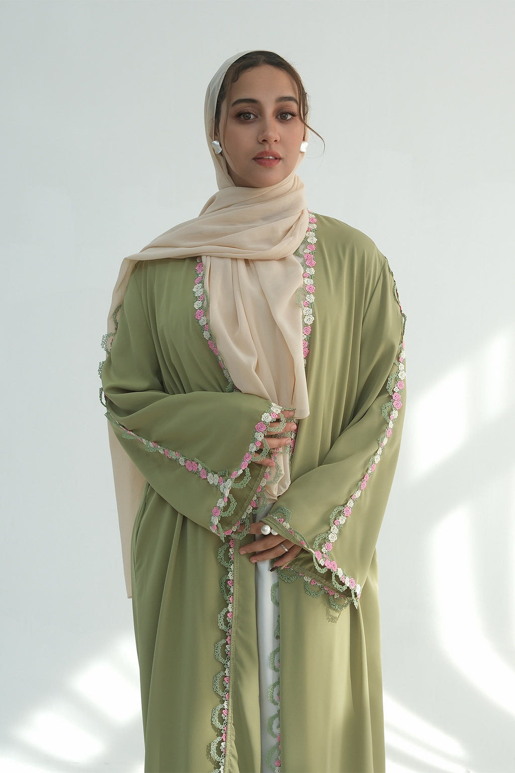 Aisha Floral Lace Trim Open Abaya