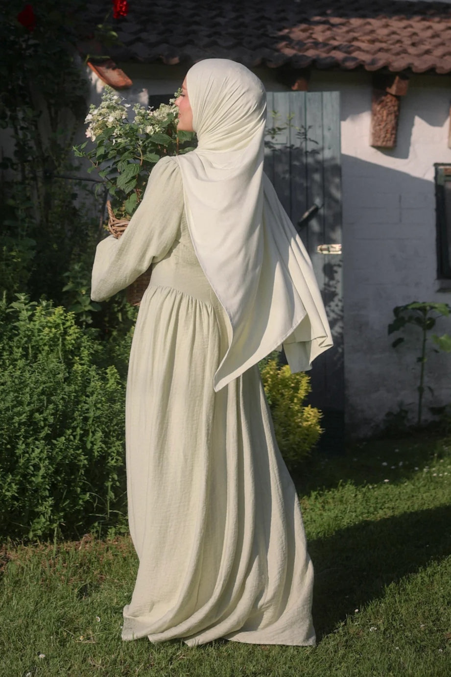 Zoe Draped Shoulder Textured Abaya-Green